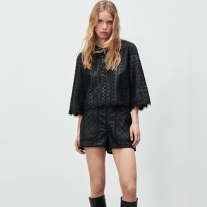 NWT Zara Black Eyelet Faux Leather Button Down Top